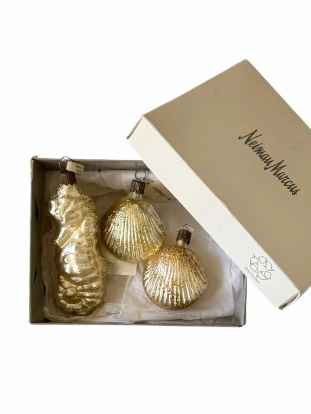 Set of 3 Neiman Marcus Metallic Gold Blown Glass Seahorse and Seashell Ornaments